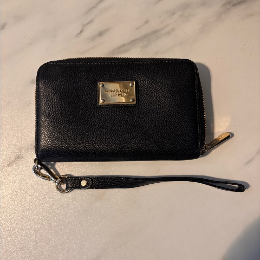 Michael Kors Black Leather Wristlet with Gold Accents